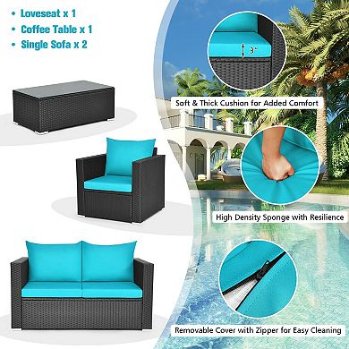 4 Piece Patio Furniture Set with Cushions and Glass Coffee Table