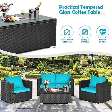 4 Piece Patio Furniture Set with Cushions and Glass Coffee Table