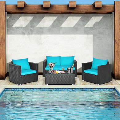4 Piece Patio Furniture Set with Cushions and Glass Coffee Table