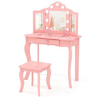 Kids Vanity Table Set with Tri Folding Mirror and 3 Color LED Lights