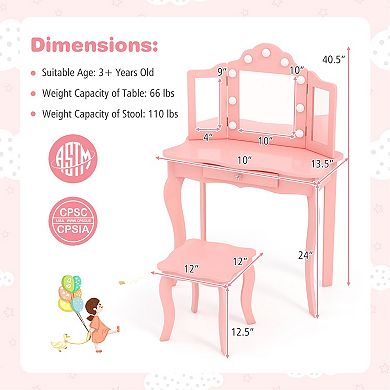 Kids Vanity Table Set with Tri Folding Mirror and 3 Color LED Lights