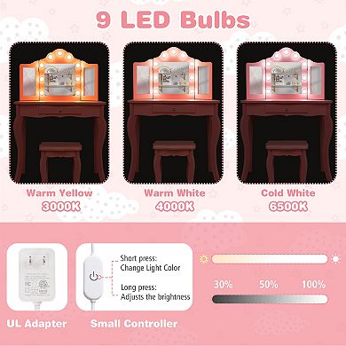 Kids Vanity Table Set with Tri Folding Mirror and 3 Color LED Lights