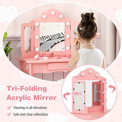 Kids Vanity Table Set with Tri Folding Mirror and 3 Color LED Lights