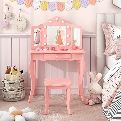 Kids Vanity Table Set with Tri Folding Mirror and 3 Color LED Lights
