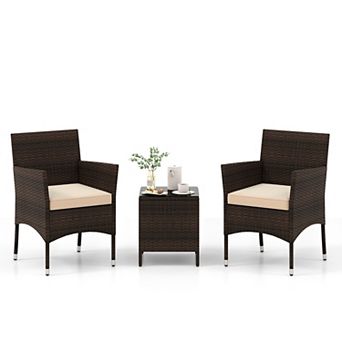 3 pc Patio Conversation Set with Cushioned Chairs and Glass Table