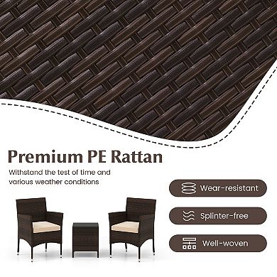 3 Piece Patio Conversation Set with Cushioned Chairs and Glass Table