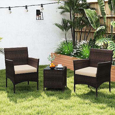 3 Piece Patio Conversation Set with Cushioned Chairs and Glass Table
