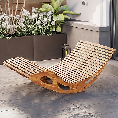 Acacia Wood Patio Double Rocking Chaise Lounge with Ergonomic Curved Seat