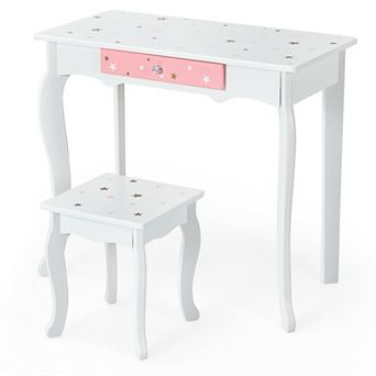 Kids Vanity Table and Stool Set with Tri Folding Mirror and Drawer