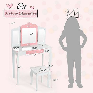 Kids Vanity Table and Stool Set with Tri Folding Mirror and Drawer