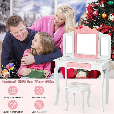 Kids Vanity Table and Stool Set with Tri Folding Mirror and Drawer