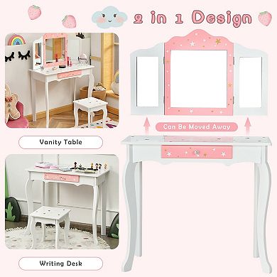 Kids Vanity Table and Stool Set with Tri Folding Mirror and Drawer