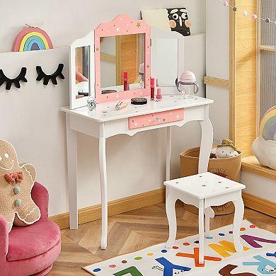 Kids Vanity Table and Stool Set with Tri Folding Mirror and Drawer