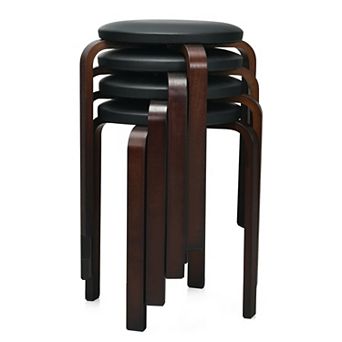 Stackable Bentwood Round Stools Set of 4 with Padded PU Leather Seats