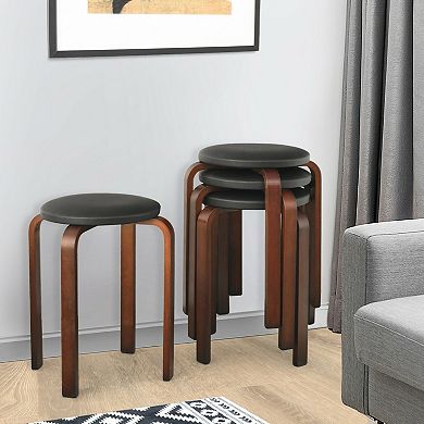 Stackable Bentwood Round Stools Set of 4 with Padded PU Leather Seats