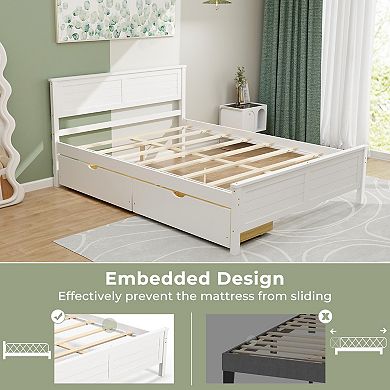 Full Size Bed Frame with Storage Drawers and Solid Wood Headboard