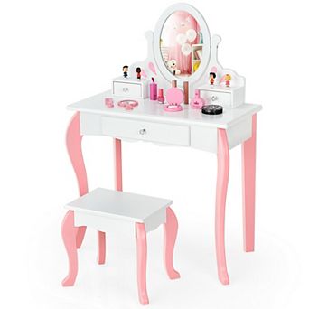 Kids Vanity Set with Rotating Mirror and Drawer Storage