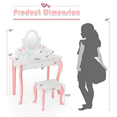 Kids Vanity Set with Rotating Mirror and Drawer Storage