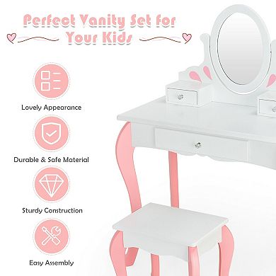 Kids Vanity Set with Rotating Mirror and Drawer Storage