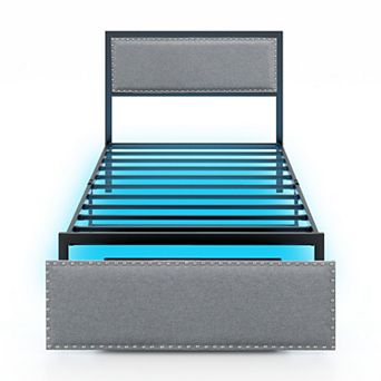 Twin Bed Frame with LED Lights and Storage Drawer Upholstered Platform Bed