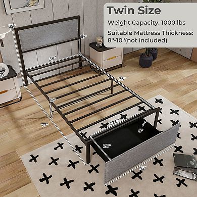 Twin Bed Frame with LED Lights and Storage Drawer Upholstered Platform Bed