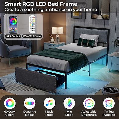 Twin Bed Frame with LED Lights and Storage Drawer Upholstered Platform Bed