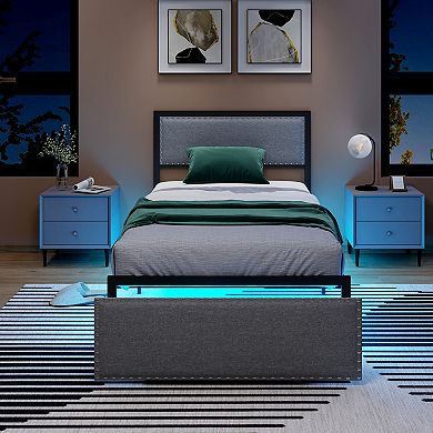 Twin Bed Frame with LED Lights and Storage Drawer Upholstered Platform Bed