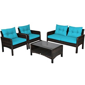 4 pc Patio Furniture Set Outdoor Rattan Wicker Loveseat Seating
