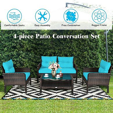4 Piece Patio Furniture Set Outdoor Rattan Wicker Loveseat Seating