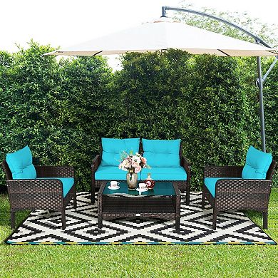 4 Piece Patio Furniture Set Outdoor Rattan Wicker Loveseat Seating