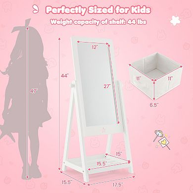 Kids Full Length Mirror with 360 Degree Rotating Acrylic Mirror and Storage Bin