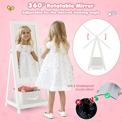 Kids Full Length Mirror with 360 Degree Rotating Acrylic Mirror and Storage Bin