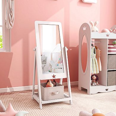 Kids Full Length Mirror with 360 Degree Rotating Acrylic Mirror and Storage Bin
