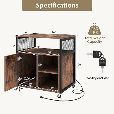 Rolling Storage Cabinet With Charging Station and Locking File Storage