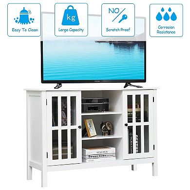 Wood Tv Stand Console Cabinet with Glass Doors and Open Shelves