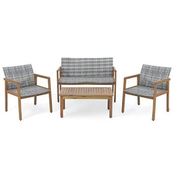 4 pc Patio Furniture Set Outdoor Conversation Set with Acacia Wood Table