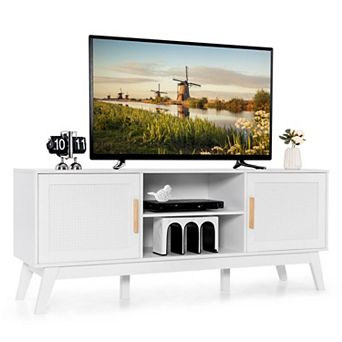 Rattan TV Stand for TVs up to 65 Inch with Cabinets and Open Shelves