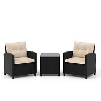 3 pc Patio Furniture Set with Cushioned Wicker Chairs and Glass Table