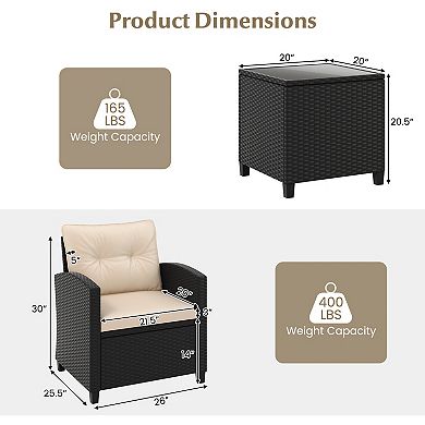 3 Piece Patio Furniture Set with Cushioned Wicker Chairs and Glass Table