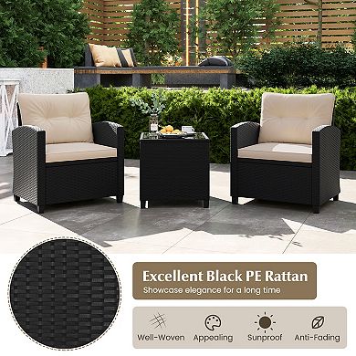 3 Piece Patio Furniture Set with Cushioned Wicker Chairs and Glass Table