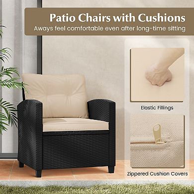 3 Piece Patio Furniture Set with Cushioned Wicker Chairs and Glass Table