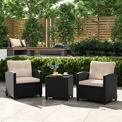 3 Piece Patio Furniture Set with Cushioned Wicker Chairs and Glass Table