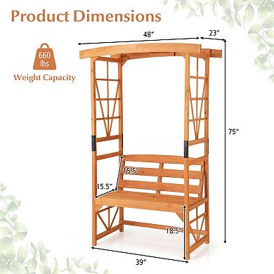 Patio Garden Arbor Bench with Pergola Arch and 2 Seat Wooden Bench