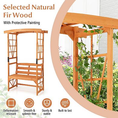 Patio Garden Arbor Bench with Pergola Arch and 2 Seat Wooden Bench