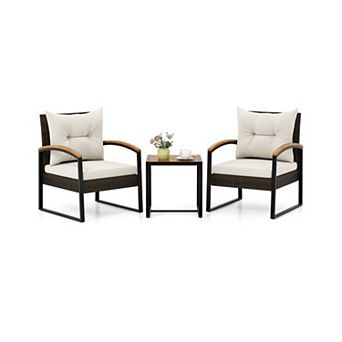 3 pc Patio Conversation Set with Acacia Wood Armrests and Cushions