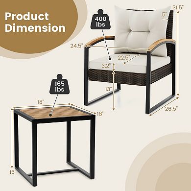 3 Piece Patio Conversation Set with Acacia Wood Armrests and Cushions