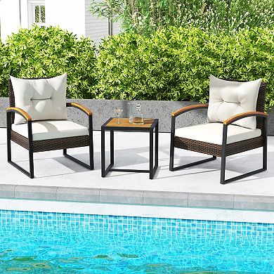 3 Piece Patio Conversation Set with Acacia Wood Armrests and Cushions