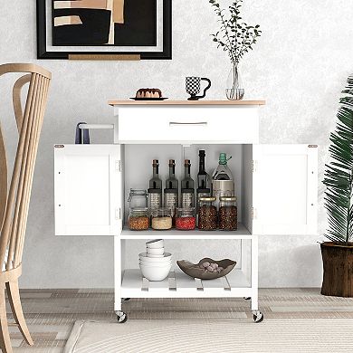 Rolling Kitchen Island Cart with Drawer Cabinet and Towel Rack