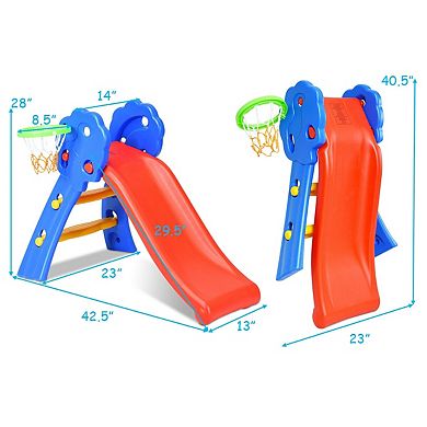 Kids Folding Slide with Basketball Hoop Indoor Toddler Playset