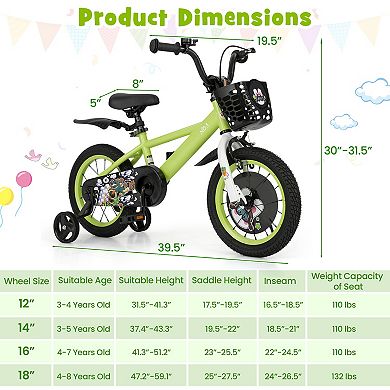 Kids Bike with Training Wheels Dual Brakes Adjustable Seat and Handlebar